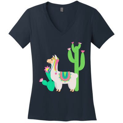 Cute Llama With Flower & Cactus Funny Camelid Lovers Outfit Women's V-Neck T-Shirt