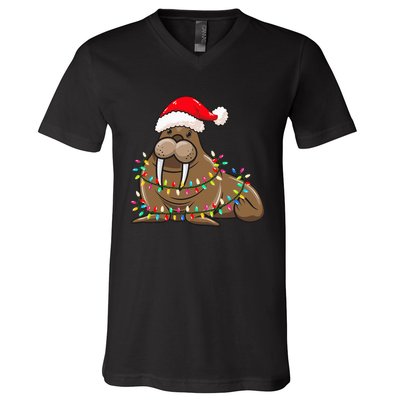 Christmas Lights Walrus Wearing Xmas Hat Walrus Lover V-Neck T-Shirt