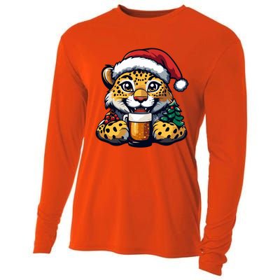 Christmas Leopard With Beer Xmas Funny Party Meaningful Gift Cooling Performance Long Sleeve Crew