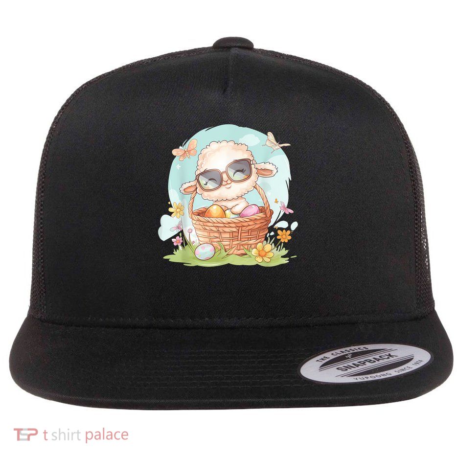 Cute Lamb with Glasses & Easter Eggs Springtime Flat Bill Trucker Hat