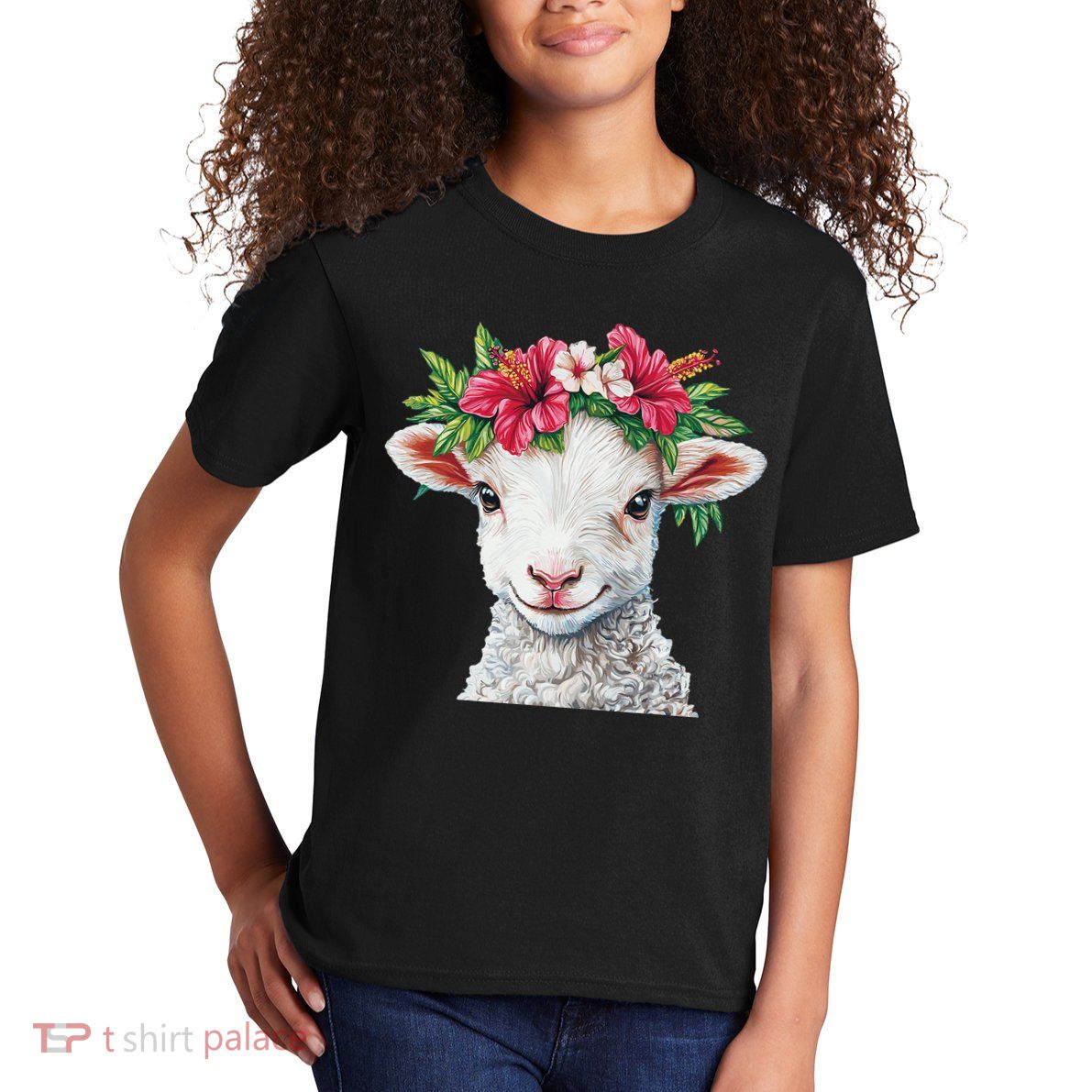 Charming Lamb With Hibiscus Flower Crown Delight Kids T-Shirt