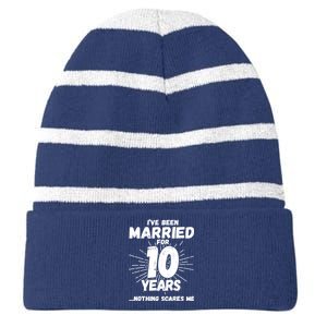 Couples Married 10 Years - Funny 10th Wedding Anniversary Striped Beanie with Solid Band