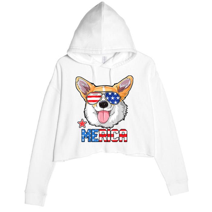 Corgi Merica 4th Of July Kids Boy Girl Dog Puppy Crop Fleece Hoodie