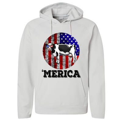 Cow Merica 4th Of July Patriotic American Great Gift Performance Fleece Hoodie