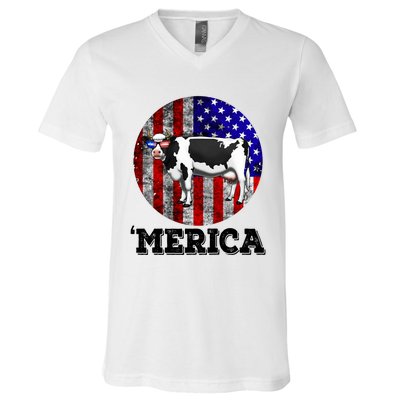 Cow Merica 4th Of July Patriotic American Great Gift V-Neck T-Shirt