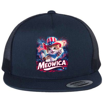 Cool Meowica 4th Of July Cat Flat Bill Trucker Hat