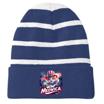 Cool Meowica 4th Of July Cat Striped Beanie with Solid Band