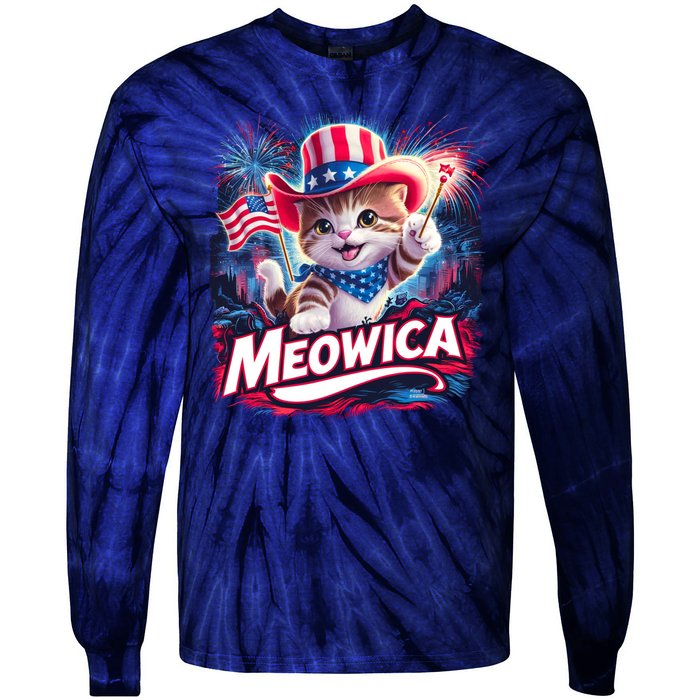 Cool Meowica 4th Of July Cat Tie-Dye Long Sleeve Shirt