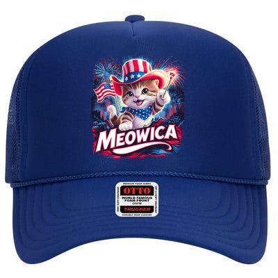 Cool Meowica 4th Of July Cat High Crown Mesh Back Trucker Hat