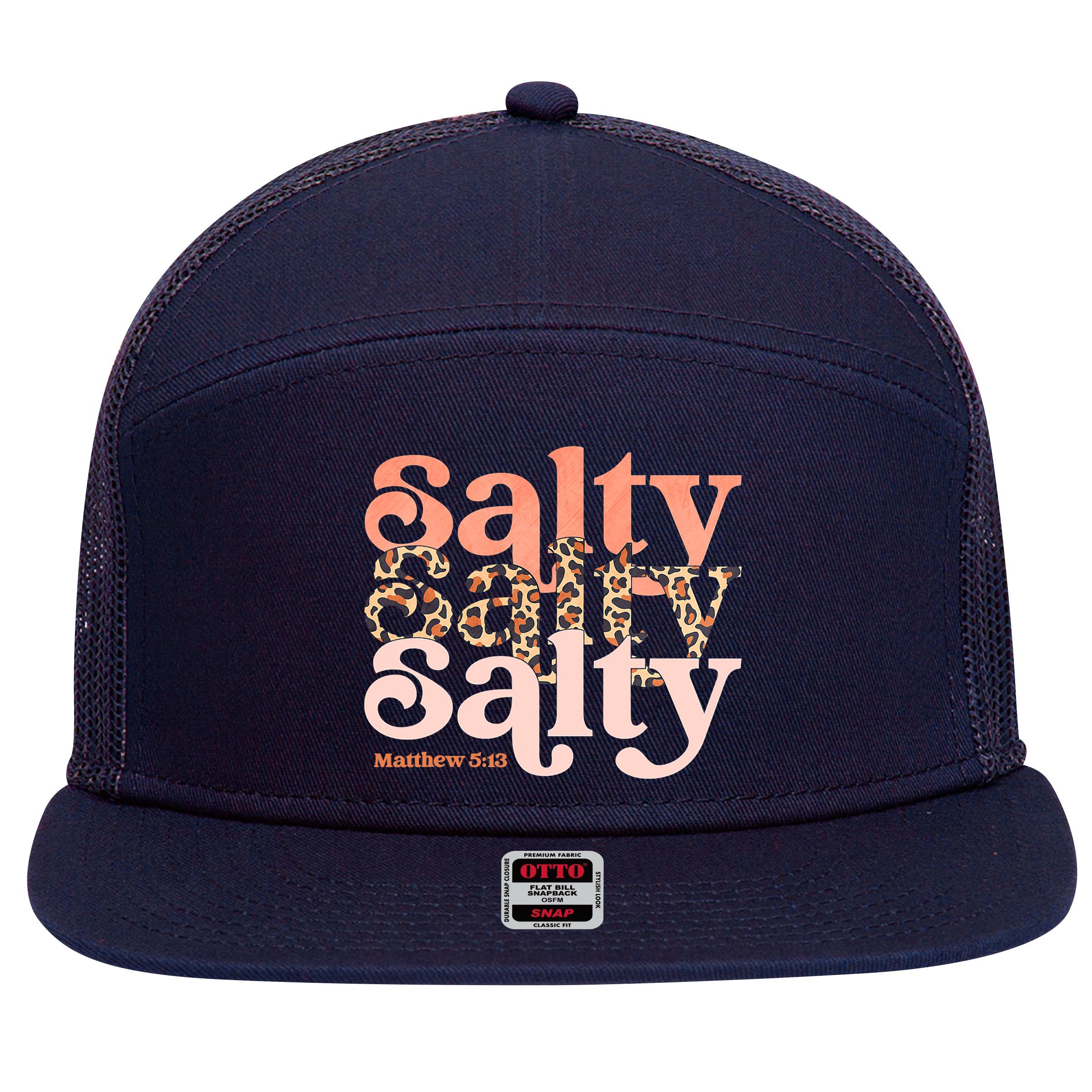 Christian Matthew 513 Stay Salty Faith Vibes Jesus Leopard 7 Panel Mesh Trucker Snapback Hat