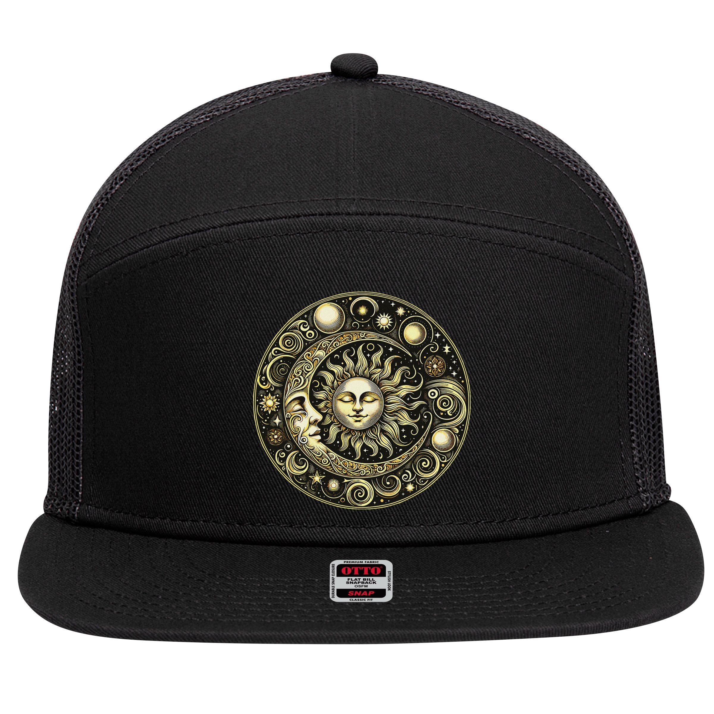 Celestial Moon And Sun 7 Panel Mesh Trucker Snapback Hat