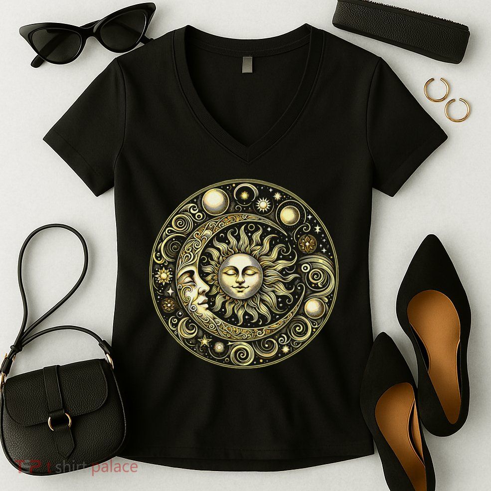 Celestial Moon And Sun Women's V-Neck T-Shirt