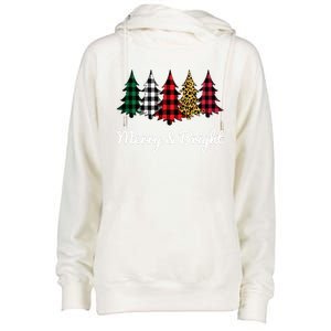 Cute Merry And Bright Leopard Plaid Christmas Tree Womens Funnel Neck Pullover Hood