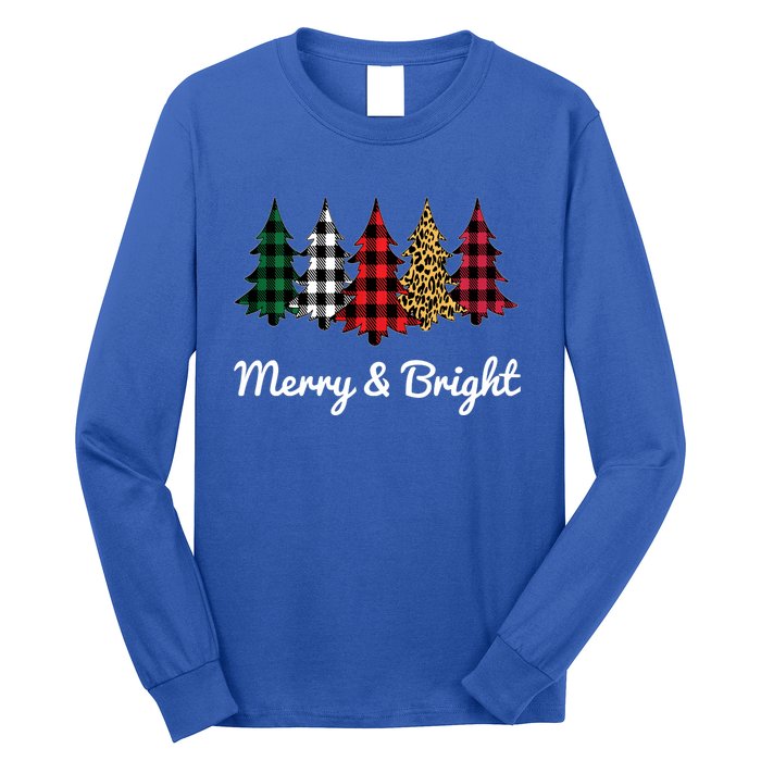 Cute Merry And Bright Leopard Plaid Christmas Tree Long Sleeve Shirt