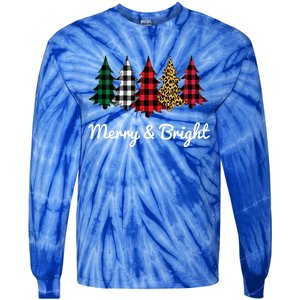 Cute Merry And Bright Leopard Plaid Christmas Tree Tie-Dye Long Sleeve Shirt