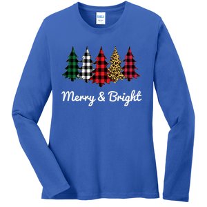 Cute Merry And Bright Leopard Plaid Christmas Tree Ladies Long Sleeve Shirt