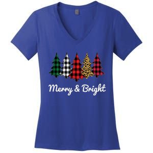 Cute Merry And Bright Leopard Plaid Christmas Tree Women's V-Neck T-Shirt