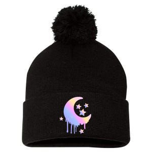 Colorful Moon And Stars Space Pom Pom 12in Knit Beanie