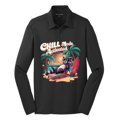 Chill Mode Activated Funny Raccoon Stay Trashy Vacay Vibe Cute Gift Silk Touch Performance Long Sleeve Polo