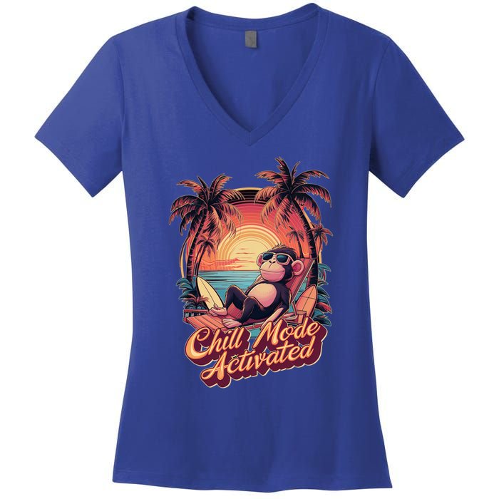 Chill Mode Activated Funny Monkey With Sunglasses Vacay Vibe Gift Women's V-Neck T-Shirt