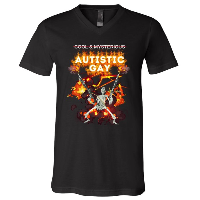 Cool Mysterious Autistic Gay Hard Skeleton Meme V-Neck T-Shirt