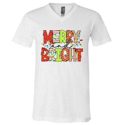 Cute Merry And Bright Christmas Lights Funny Xmas Women V-Neck T-Shirt