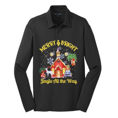 Cute Merry And Bright Jingle All The Way Colorful Christmas Silk Touch Performance Long Sleeve Polo