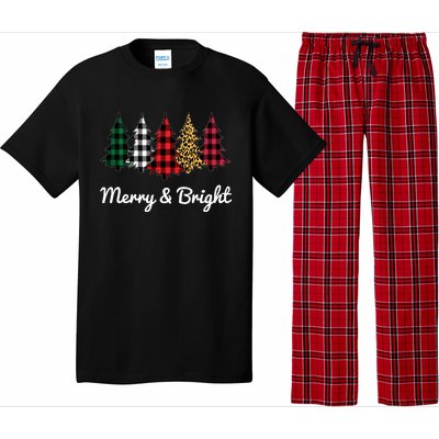 Cute Merry And Bright Leopard Plaid Christmas Tree Long Sleeve Pajama Set