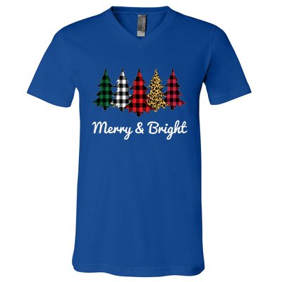 Cute Merry And Bright Leopard Plaid Christmas Tree Long Sleeve V-Neck T-Shirt