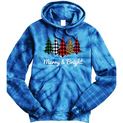 Cute Merry And Bright Leopard Plaid Christmas Tree Long Sleeve Tie Dye Hoodie