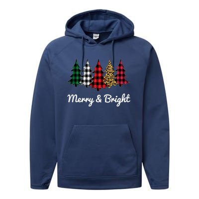 Cute Merry And Bright Leopard Plaid Christmas Tree Long Sleeve Performance Fleece Hoodie