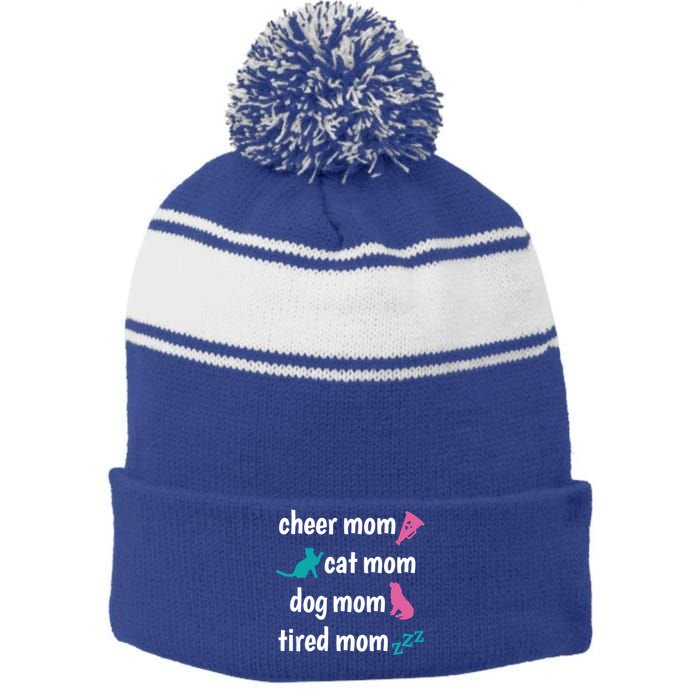 Cheer Mom And Tired Cat And Dog Mama Gift Stripe Pom Pom Beanie