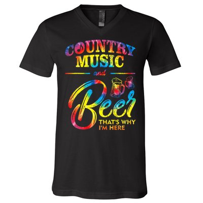 Country Music And Beer Thats Why Im Here Women Ladies Gift V-Neck T-Shirt