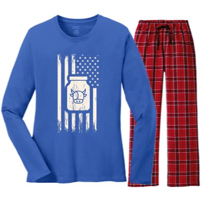 Cow Milk And Usa / American Flag For Dairy Farmer And Milk Lover Great Gift Women's Long Sleeve Flannel Pajama Set 