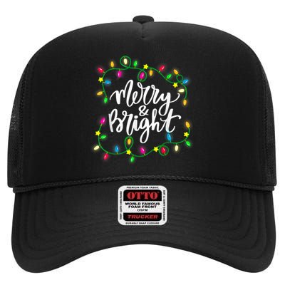 Cute Merry And Bright Christmas Lights High Crown Mesh Back Trucker Hat