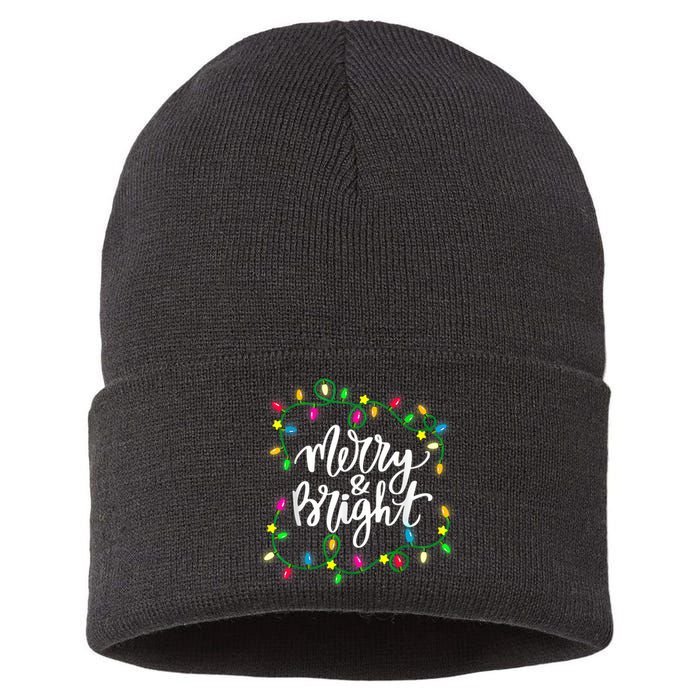 Cute Merry And Bright Christmas Lights Sustainable Knit Beanie