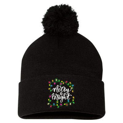 Cute Merry And Bright Christmas Lights Pom Pom 12in Knit Beanie