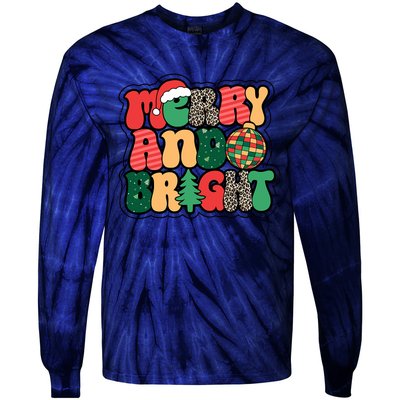 Cute Merry And Bright Christmas Xmas Tree Discoball Tie-Dye Long Sleeve Shirt