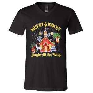 Cute Merry And Bright Jingle All The Way Colorful Christmas V-Neck T-Shirt