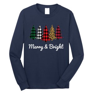 Cute Merry And Bright Leopard Plaid Christmas Tree Long Sleeve Shirt