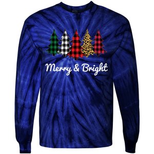 Cute Merry And Bright Leopard Plaid Christmas Tree Tie-Dye Long Sleeve Shirt