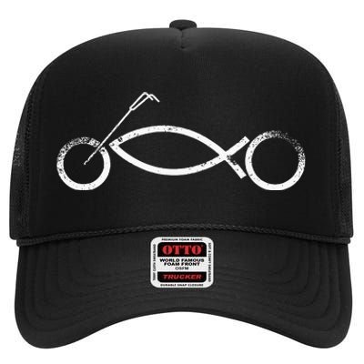 Christian Motorcycle Biker Ichthus Faith High Crown Mesh Back Trucker Hat