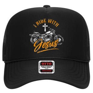 Christian Motorcycle Biker I Ride With Jesus Faith High Crown Mesh Back Trucker Hat