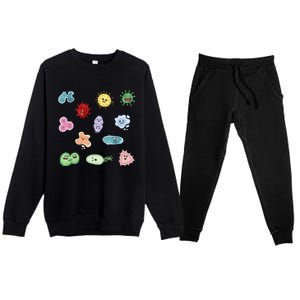 Cute Microbes Bacteria Virus Ecoli Microbiology Seamless Pattern Sticker Pack. Premium Crewneck Sweatsuit Set