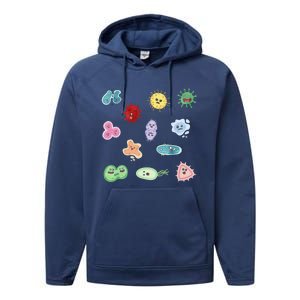 Cute Microbes Bacteria Virus Ecoli Microbiology Seamless Pattern Sticker Pack. Performance Fleece Hoodie