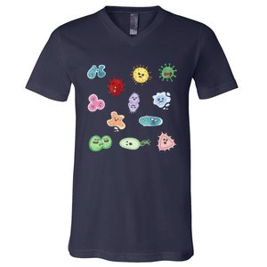 Cute Microbes Bacteria Virus Ecoli Microbiology Seamless Pattern Sticker Pack. V-Neck T-Shirt