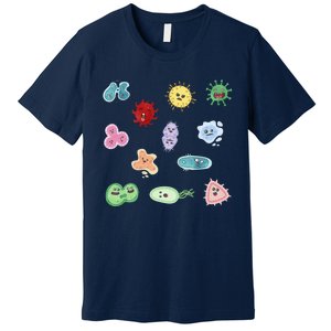 Cute Microbes Bacteria Virus Ecoli Microbiology Seamless Pattern Sticker Pack. Premium T-Shirt