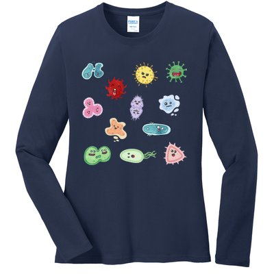 Cute Microbes Bacteria Virus Ecoli Microbiology Seamless Pattern Sticker Pack. Ladies Long Sleeve Shirt