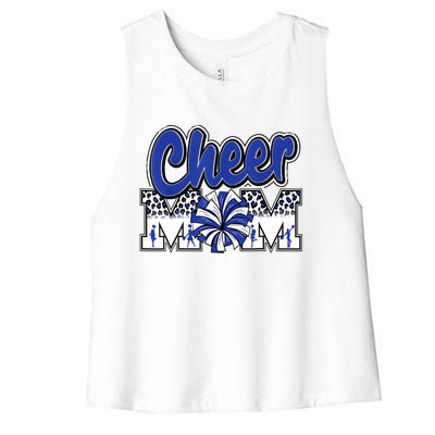 Cheer Mom Blue Leopard Letters Cheer Pom Poms Women's Racerback Cropped Tank