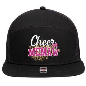 Cheer Memaw Biggest Fan Leopard Print And Pom Pom Gift 7 Panel Mesh Trucker Snapback Hat